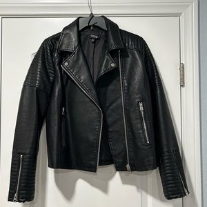 TopShop black faux leather moto jacket with zippers, size 8